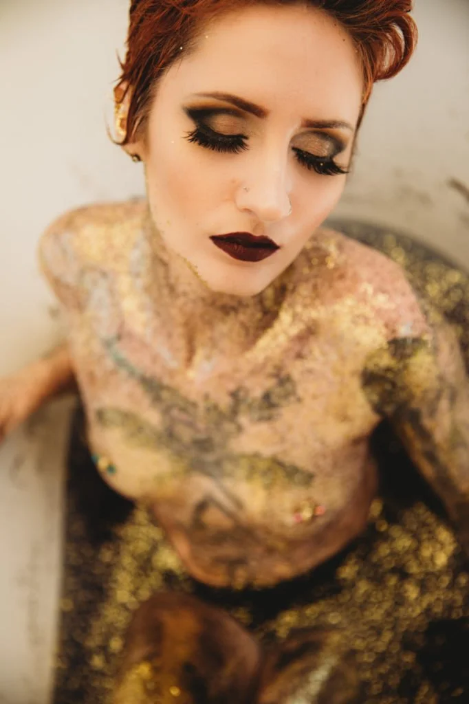 sexy body bear claw bathtub boudoir tattoos body glitter photoshoot